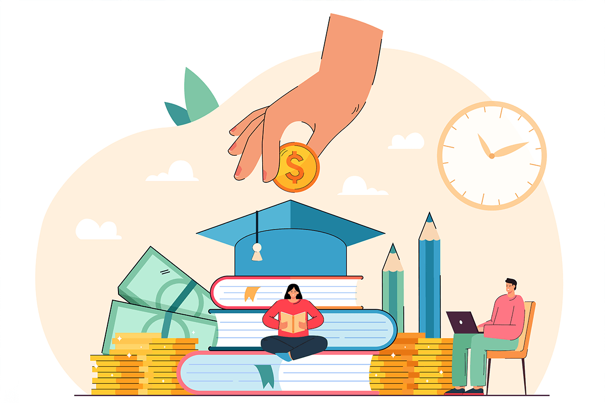 Tiny students sitting near books getting university degree and paying money. Education business flat vector illustration. College scholarship, finance system, school fee, economy, student loan concept